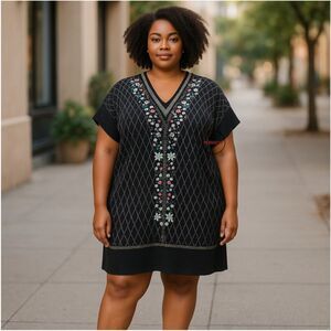 Zara Basic Jewel Print V Neck Shift Dress Black XL